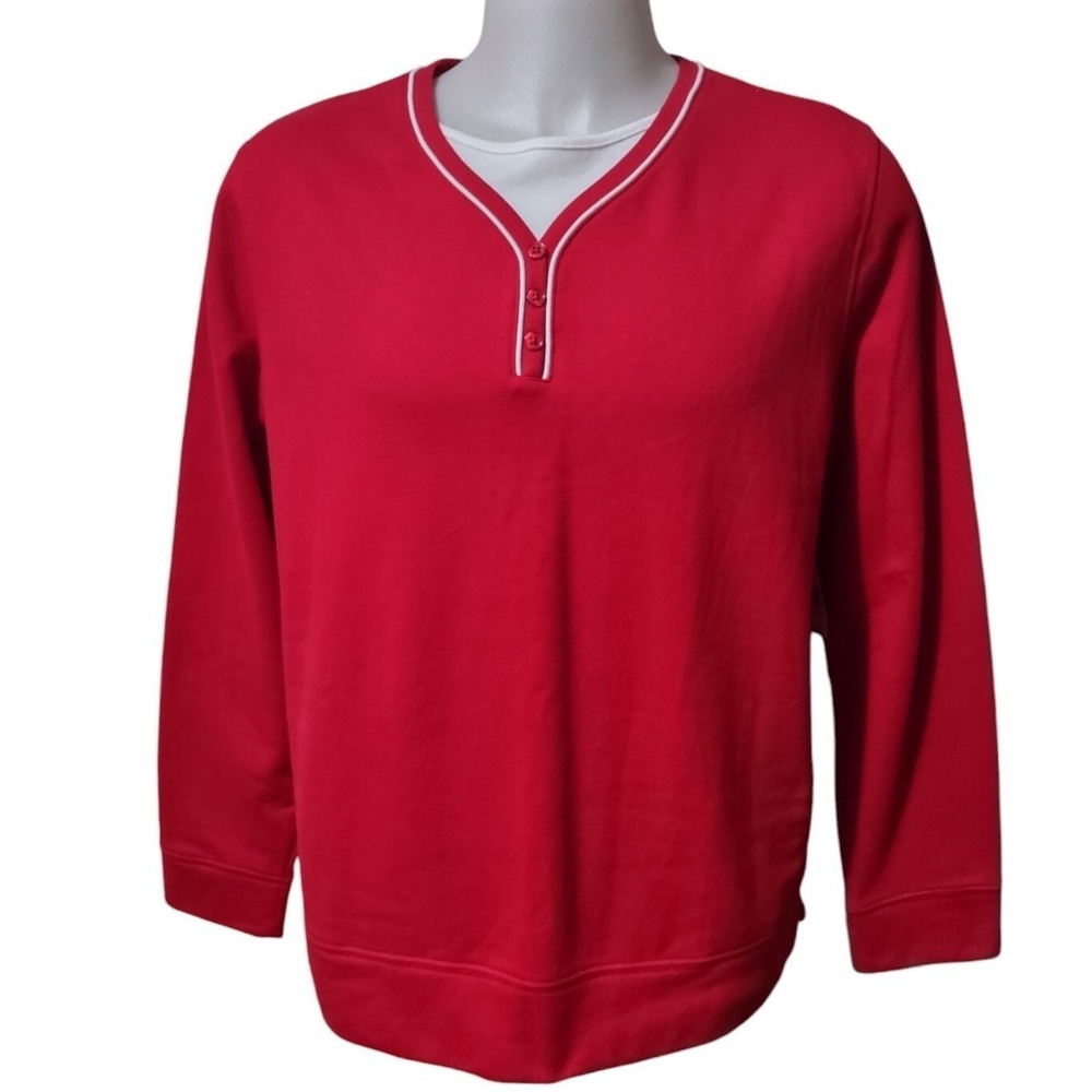Kim Rogers Sweatshirt Women's XL Red Long Sleeve White V-neck Button Accent
